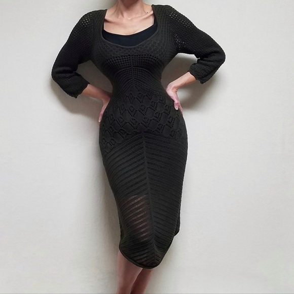 W by Worth Olive Green Open Crochet Knit Plunging Neckline Asymmetric Midi Dress - Picture 2 of 14